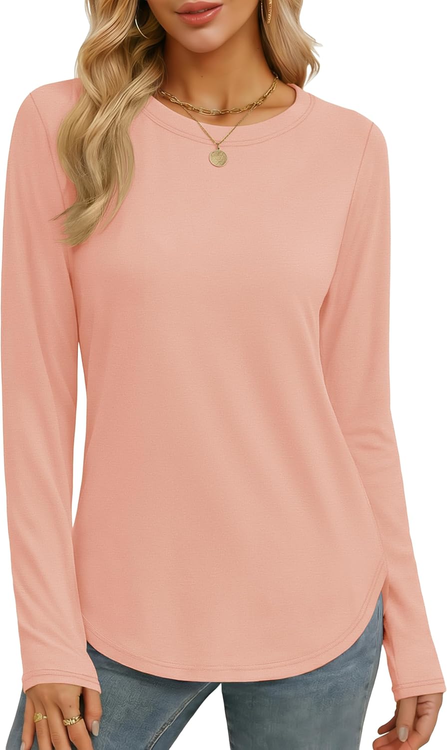 YUCOLEN Womens Tunic Tops Long Sleeve Shirts to Wear with Leggings Loose Fit Crewneck Curved Hem Basic Casual