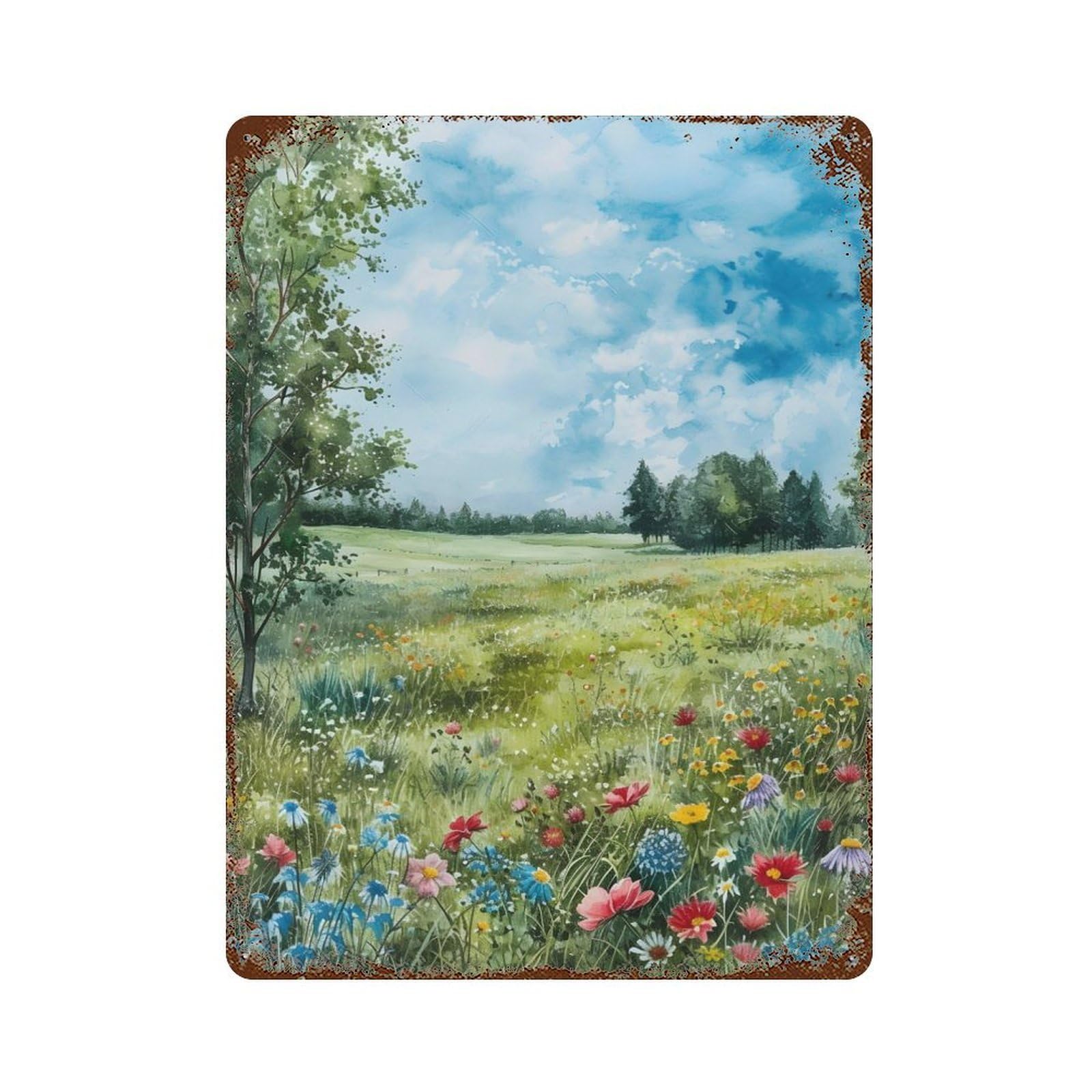 Aged Metal Wall Plaque with Meadow Acrylic Painting Design 15.7"x11.8", for Farmhouse, Kitchen And Entryway Decor, Retro Wall Decor