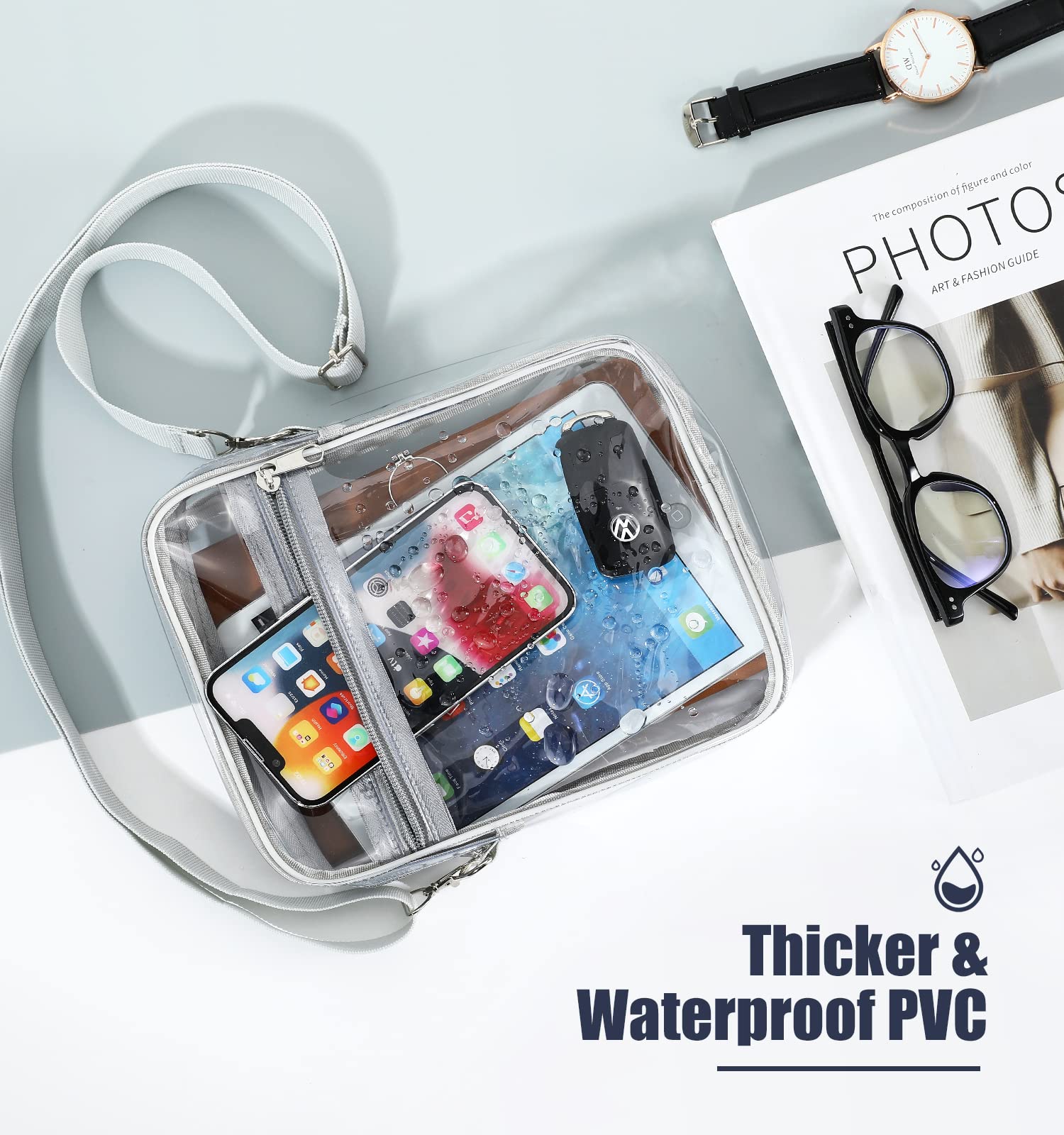 MoKo Clear Bag Stadium Approved for Women, Crossbody Bag Purse Adjustable Strap Shoulder Bags for Concerts Festival Sports Events, Gray+Clear