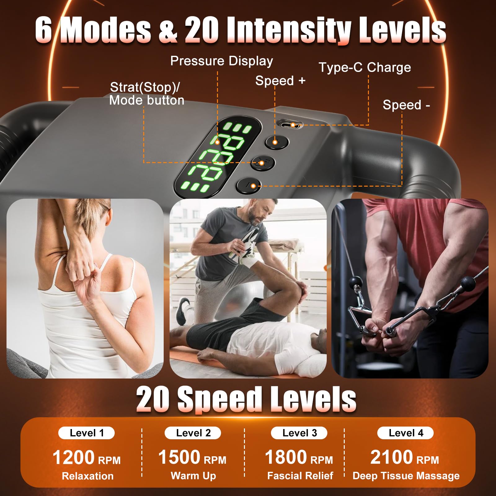 Pistolet de Massage à 28 têtes Portable, 6 Modes et 20 Vitesses, Pistolet de Massage Musculaire Rechargeable, Appareil de Massage pour Cervicales Pieds dos Jambe, Détendre les Muscles