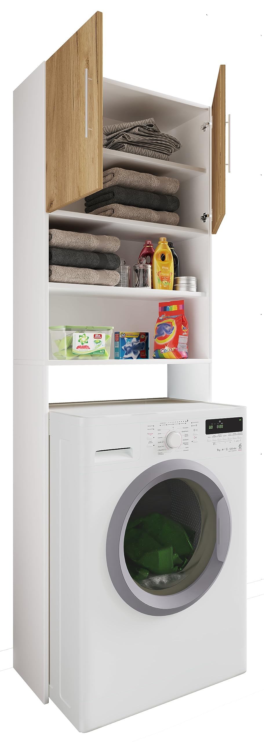 VCM Meuble buanderie Machine à Laver, Armoire pour Machine à Laver, Meuble au Dessus Machine a Laver Armoire en Bois pour Machine à Laver Armoire pour Machine à Laver Jutas Blanc/Chêne Miel