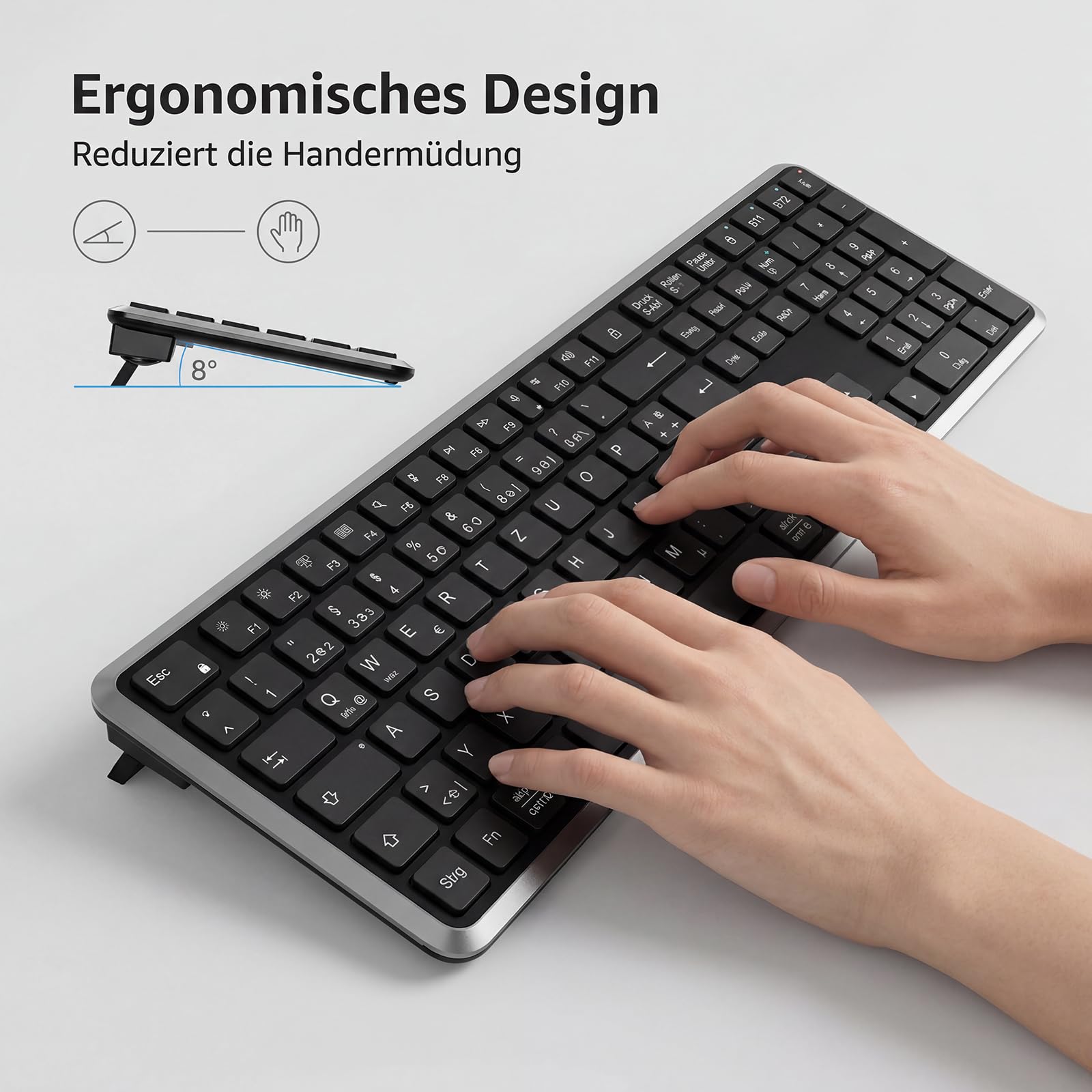TECURS Kabellose Bluetooth Tastatur (2BT+2.4G), QWERTZ Layout, Schwarz