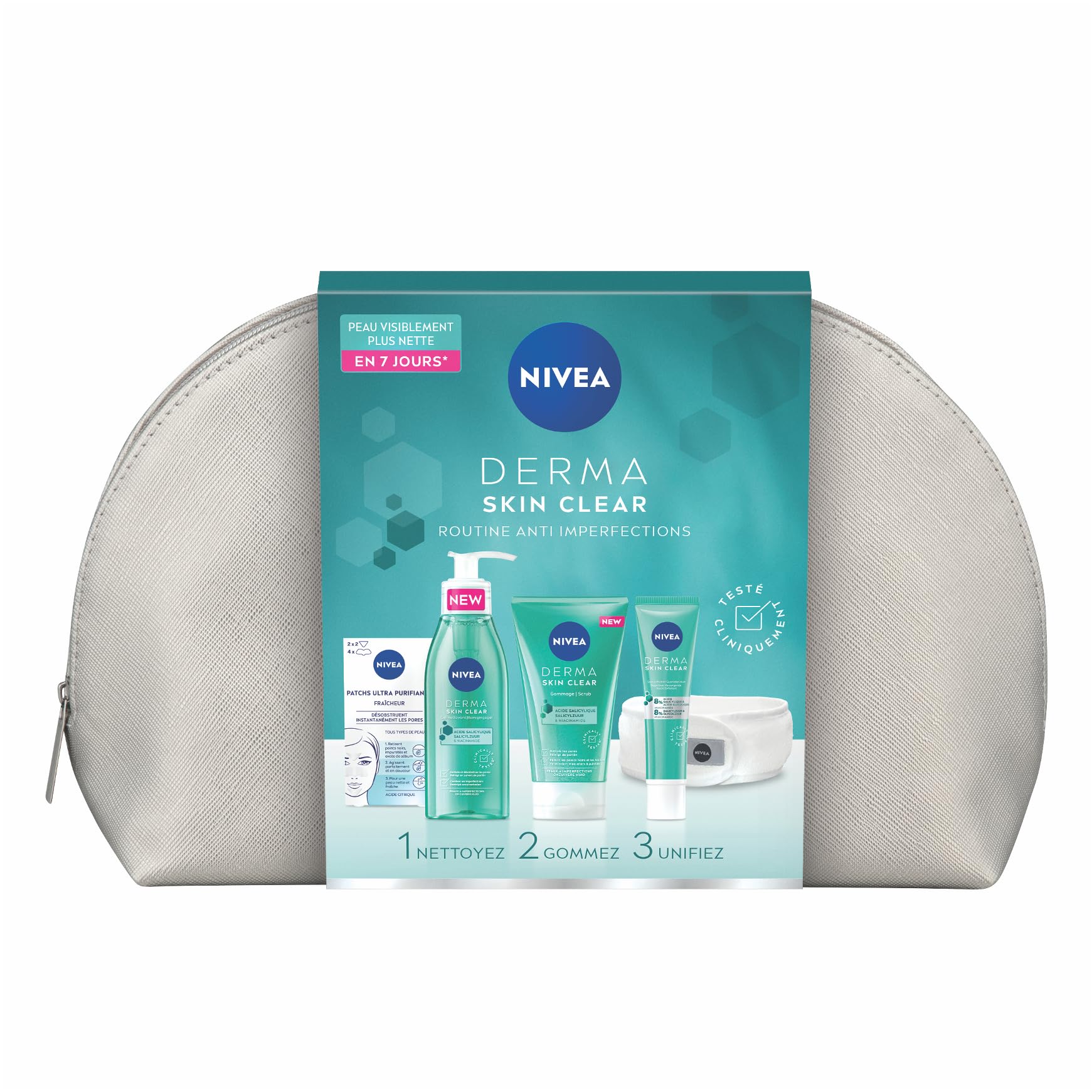 NIVEA Trousse Derma Skin Clear (1 x 1 pce), Trousse de toilette garnie contenant 4 soins visage anti-imperfections et 1 accessoire, Routine visage idéale à emporter partout avec soi