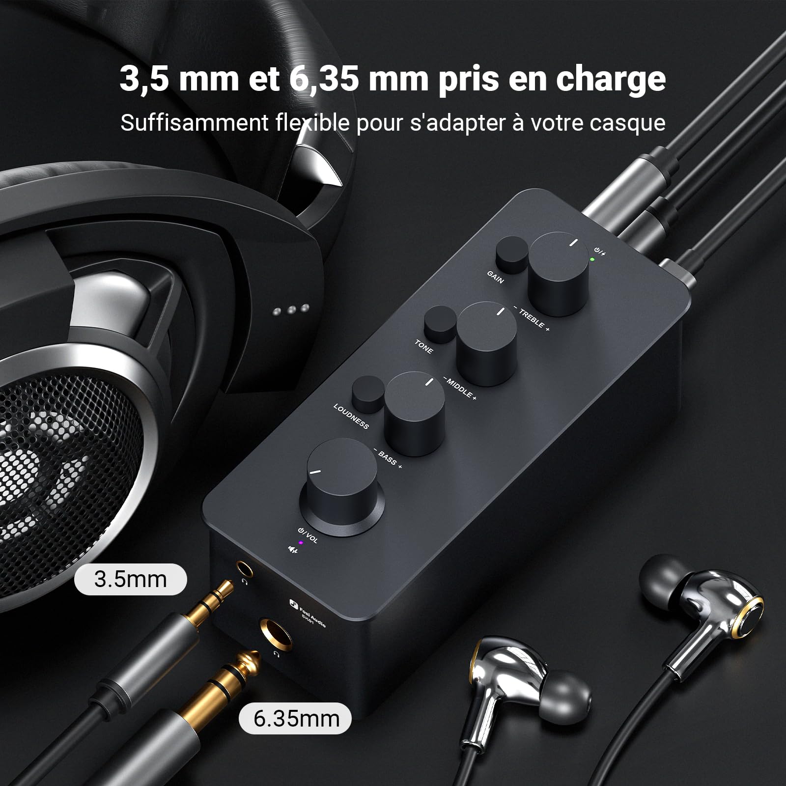 Fosi Audio SK01 Préamplificateur égaliseur pour Casque d'écoute, Contrôle de la Tonalité des Graves, des Médiums et des Aigus, Amplificateur Analogique Portable de Class-A pour Jacks de 3,5mm & 6,35mm
