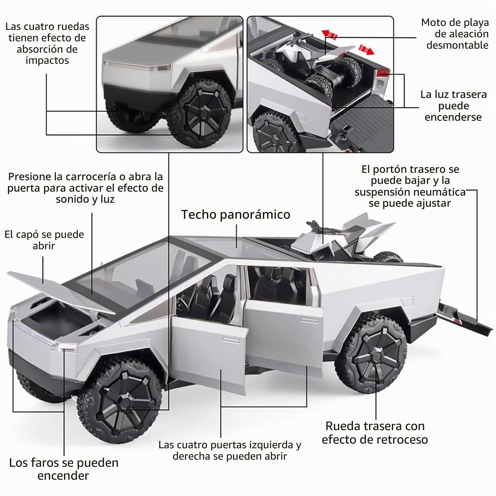 Tesla Cybertruck Modelo de Coche 1:24 Camiones de Juguete de Metal Fundido a Presión con luz y Sonido, Mini Vehículo de Juguete para Niños a Partir de 3 Años (Verdes,Equipado con Moto de Playa)