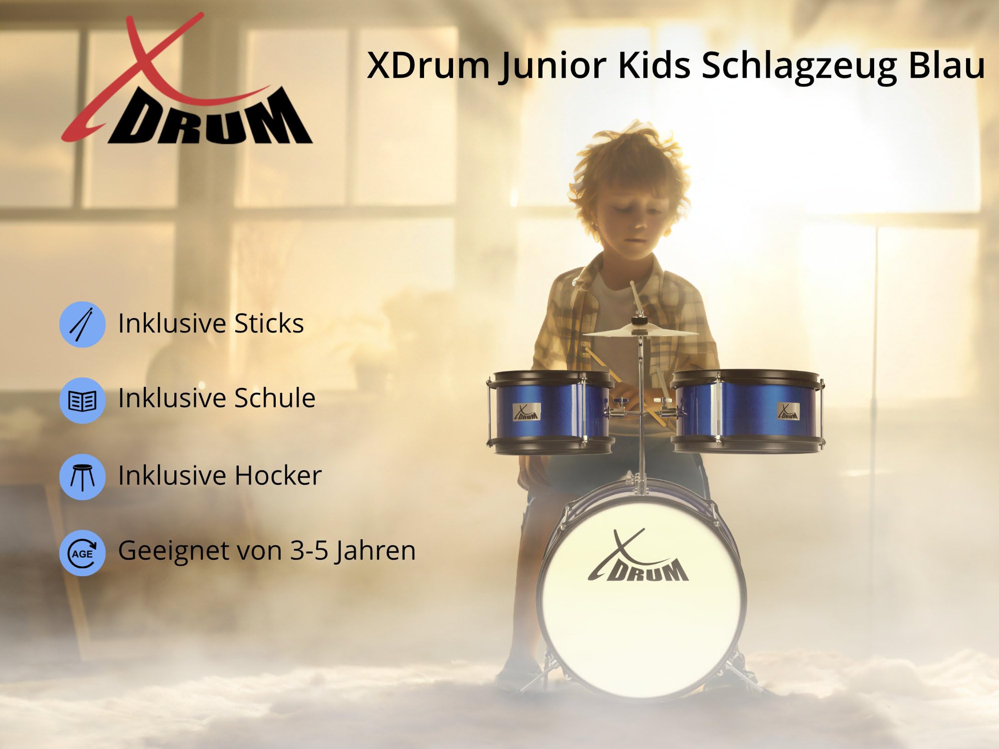 XDrum Junior KIDS Schlagzeug inkl. Schule - Kompaktes Kinderschlagzeug - Für Kinder im Alter von 3-5 Jahren - Kinderleichter Aufbau - Mit Schule, Hocker, Drumsticks & Stimmschlüssel - Blau