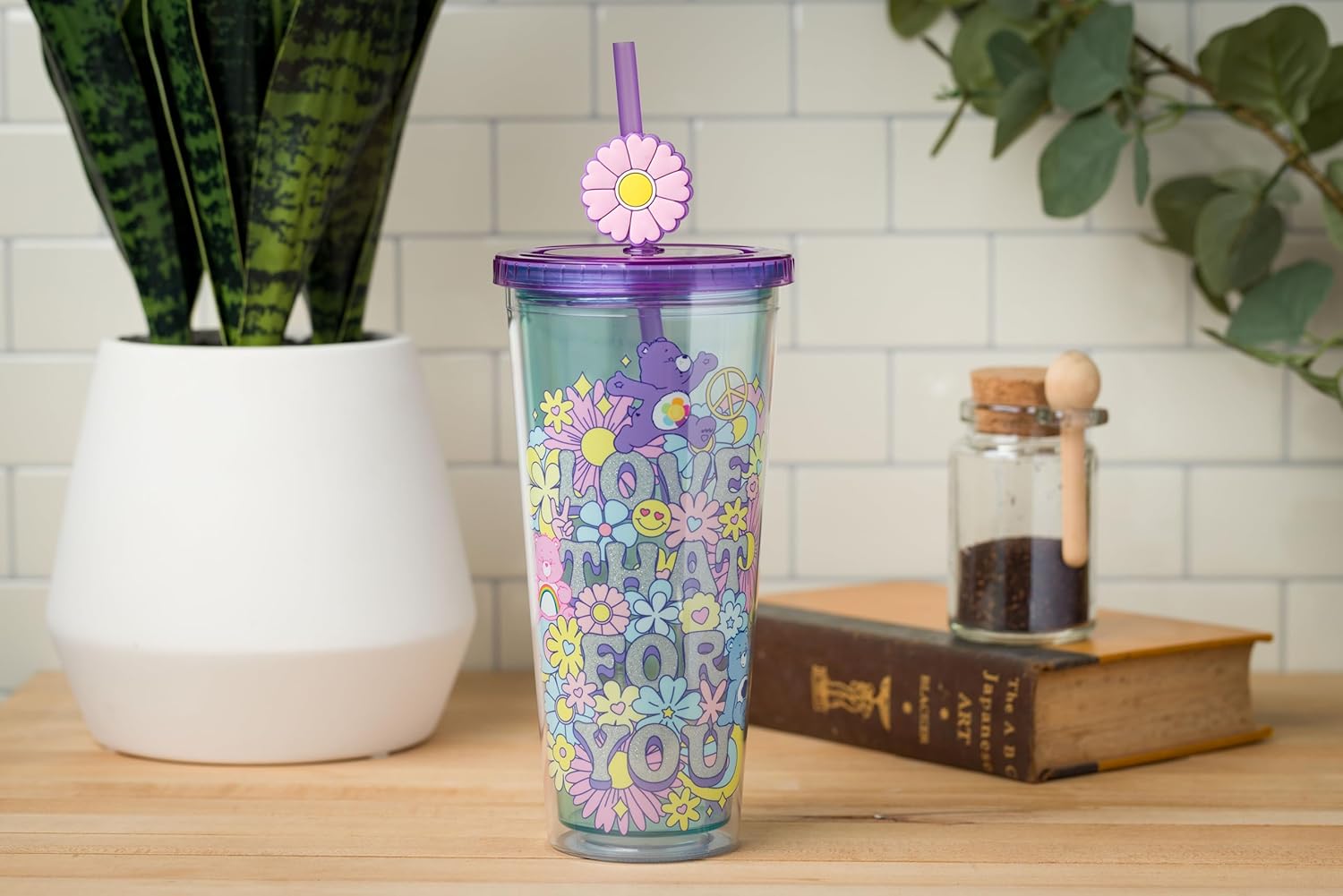 Silver Buffalo Care Bears Groovy “Love That For You” Featuring Grumpy Bear and Harmony Bear Glitter Plastic Cold Cup with Lid and Straw Topper, 24 Ounces - Image 6
