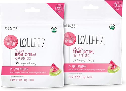 Lolleez Paletas calmantes orgánicas para el dolor de garganta con miel para niños, 15 unidades, sandía, sandía, 15 unidades (paquete de 2), para