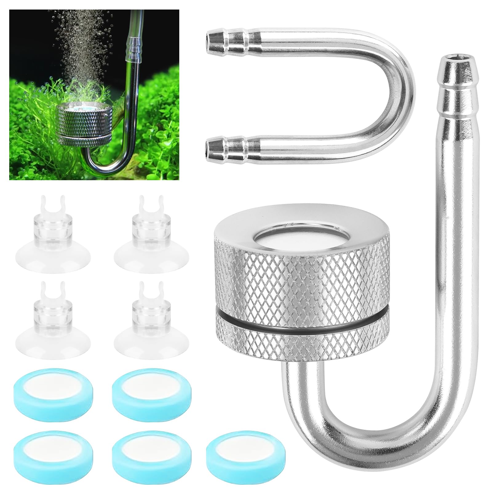 CO2 Diffusor Aquarium, Aquarium Zerstäuber, CO2 Diffusor mit Saugnäpfen und U-Pipe, Kohlendioxid Diffusor Glasrohr Aluminiumlegierung Aquarium Bubbler Zubehör für Aquarium Süßwasserfischpflanzen