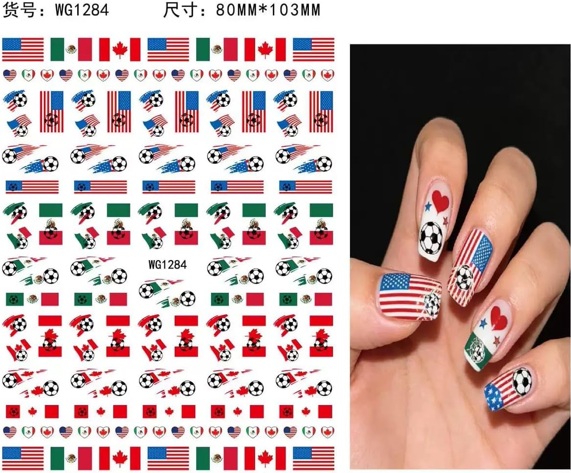 Football World Cup Nail Stickers Colorful Soccer Sports Nail Decals Embossed Waterproof Nail Designs Competition Nails Supplies Self-Adhesive Nails Stickers Decals for Women DIY Manicure 12Sheets