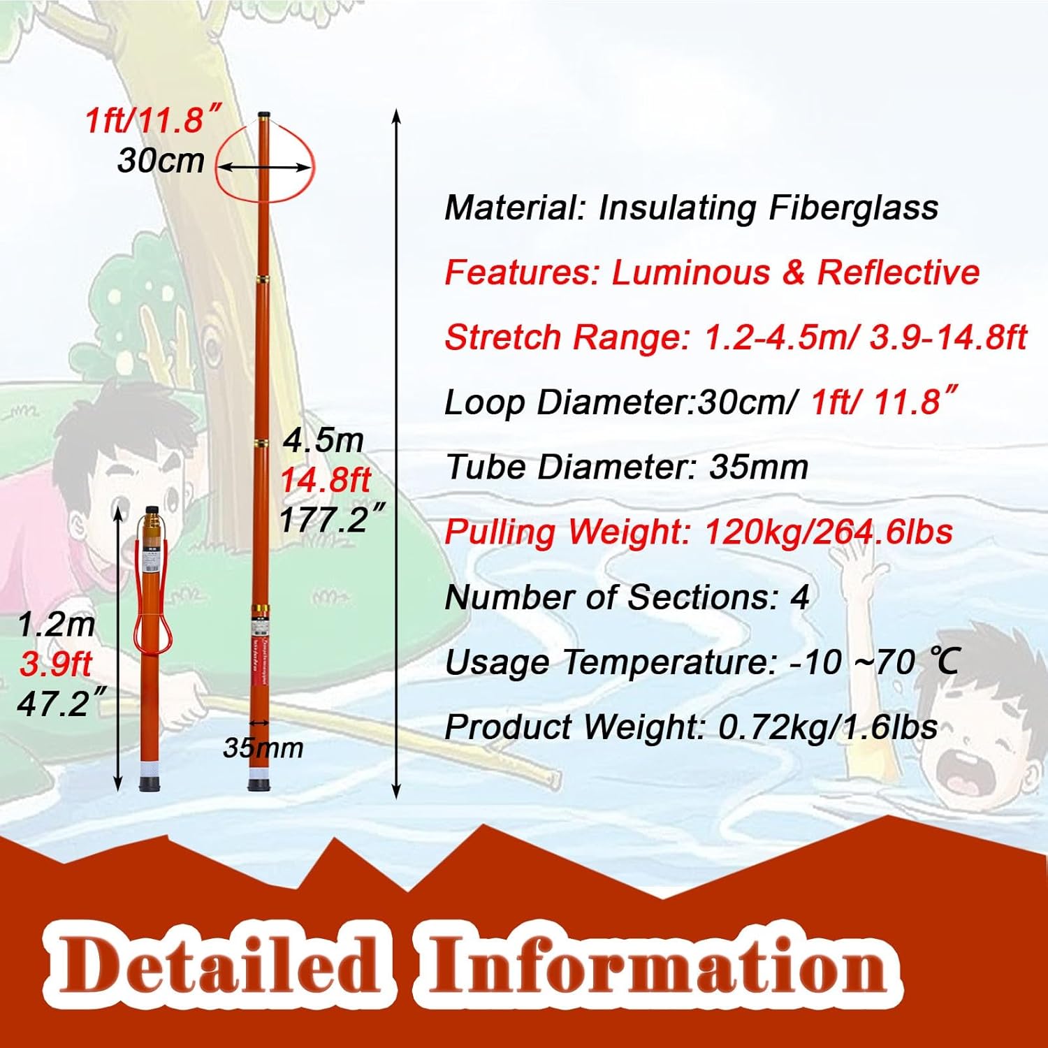 Retractable Professional Rescue Hook with Luminous & Reflective, Pool Pole Hook for Sea/Water Park/Boats Yachts, Marine Salvage Rods for Day/Night(Color:1pc,Size:4.5m(14.8ft/177.2inch))