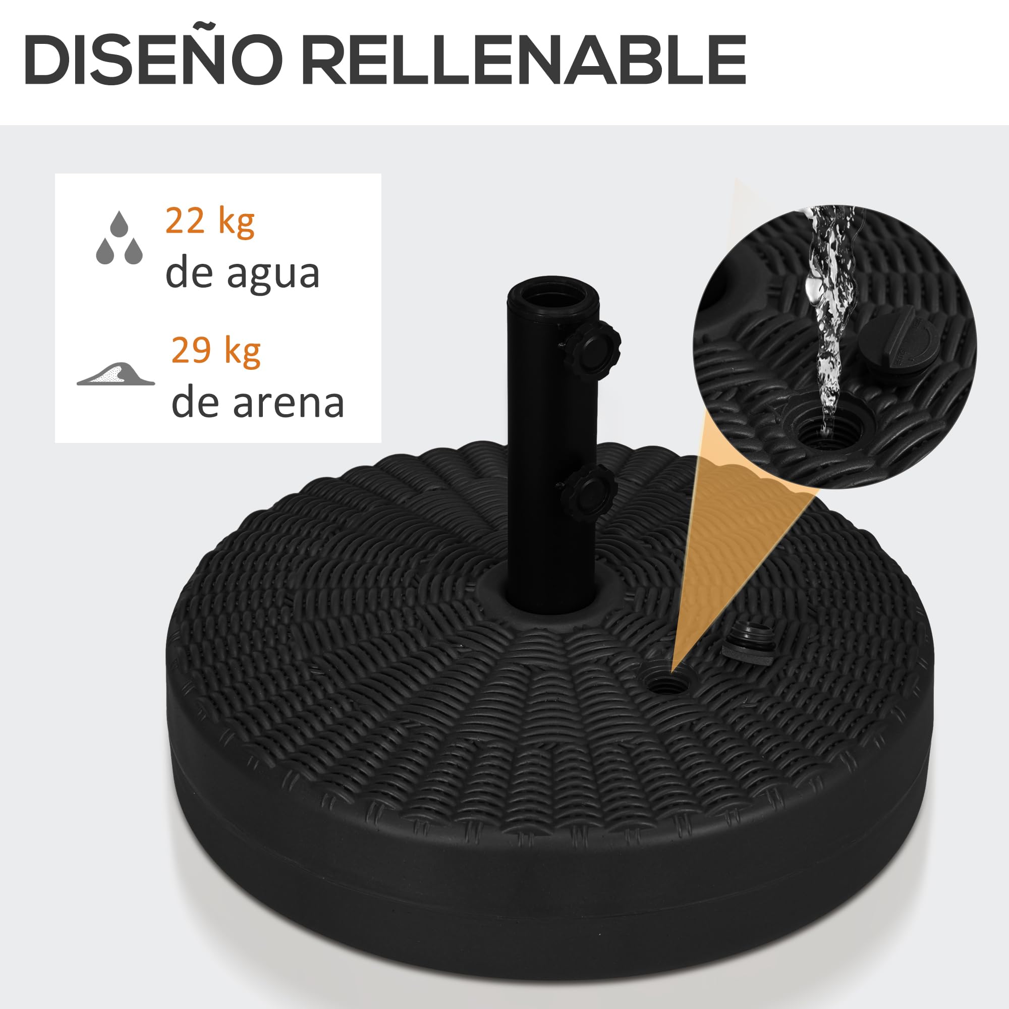 Outsunny Base de Sombrilla Redondo Soporte para Parasol Rellenable de Agua 22 kg y Arena 29 kg para Poste de Parasol de Ø38/48 mm Superficie de Imitación de Ratán Ø51x36 cm Negro