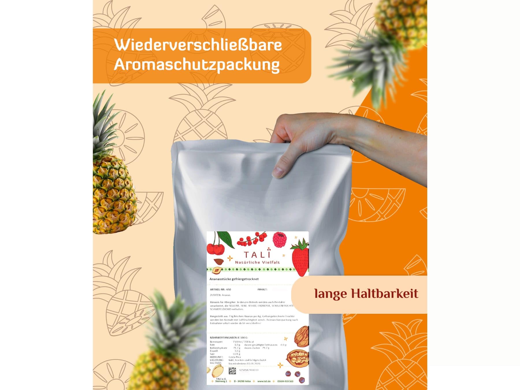 TALI Ananasstücke gefriergetrocknet 1 kg | Größe: 2-10 mm