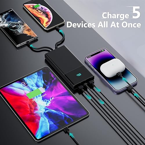Miniatura 3 de Cargador portátil con 2 cables integrados (USB-C e iOS), cargador de teléfono duradero de carga rápida PD de 13000 mAh con pantalla LED, cargador de