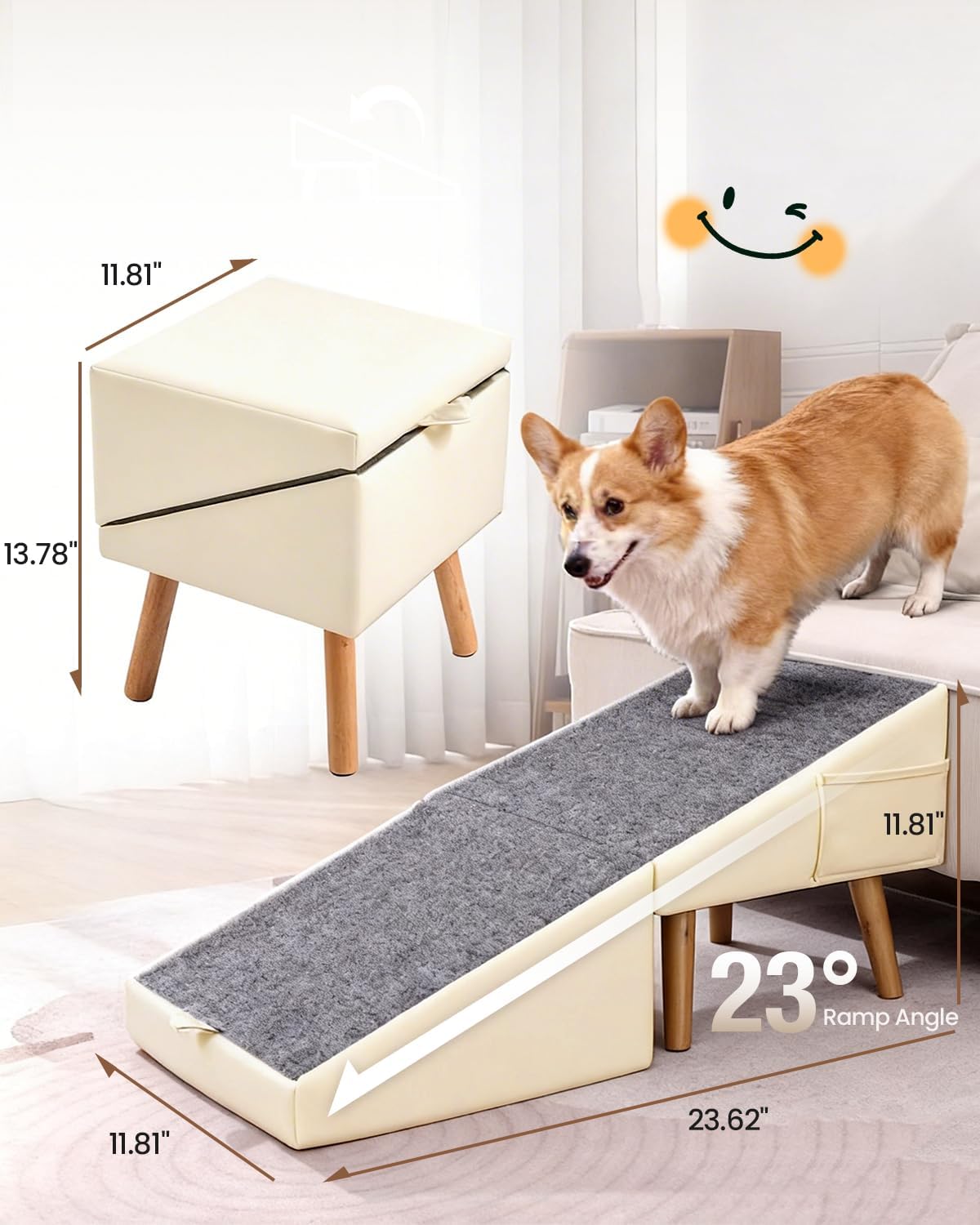 Dog Ramp for Couch, 2-in-1 Dog Stairs for Small Dogs & Cats, 11.81'' H Indoor Pet Ramp with 23°Gentle Slope, Non-Slip Felt, Joint Protection for Senior & Injured Pets, Sturdy Ottoman-Style Design