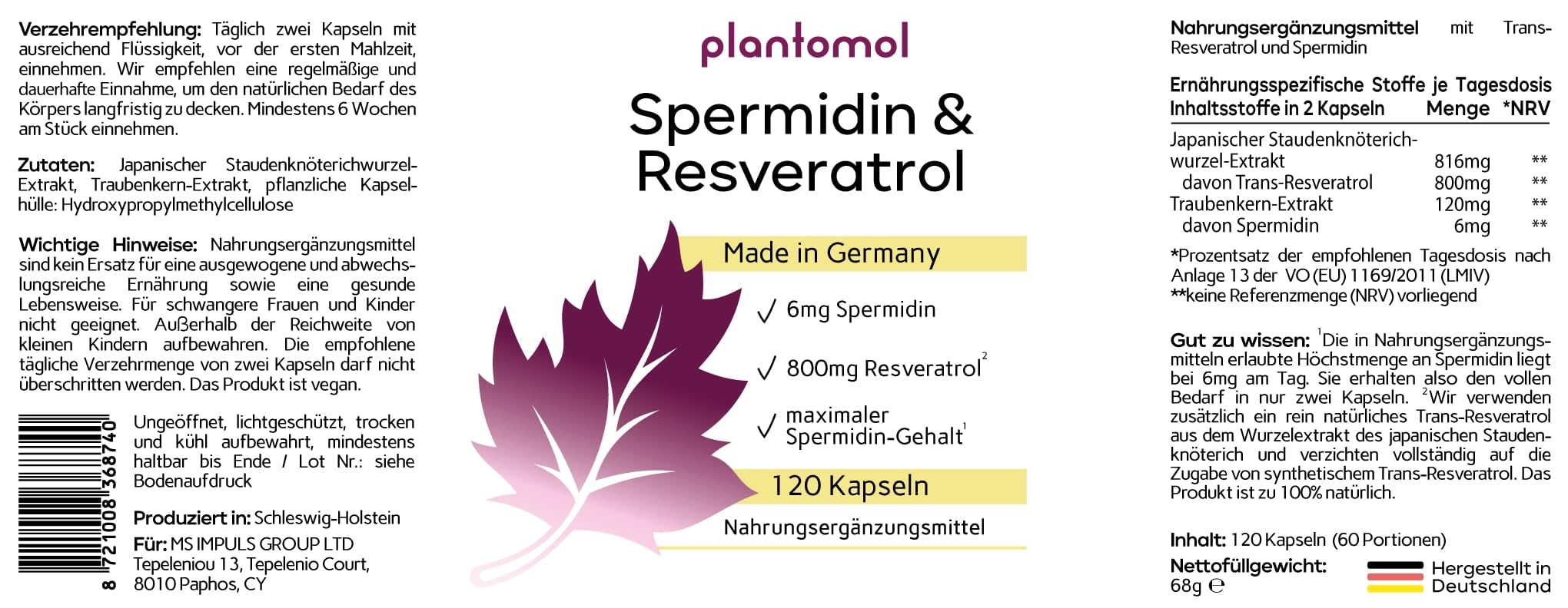 120 Spermidin Kapseln hochdosiert - Spermidin 6mg & 800mg Trans Resveratrol hochdosiert - einzigartige Kombination - 2 Monatsvorrat