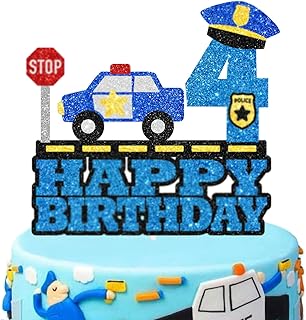 Blue Police 4th Birthday Cake Topper for Kids - Boy or Girl Police Officer Party Anniversary Celebration Party Call So Unit Happy birthday Decorating Supplies-SugarGera