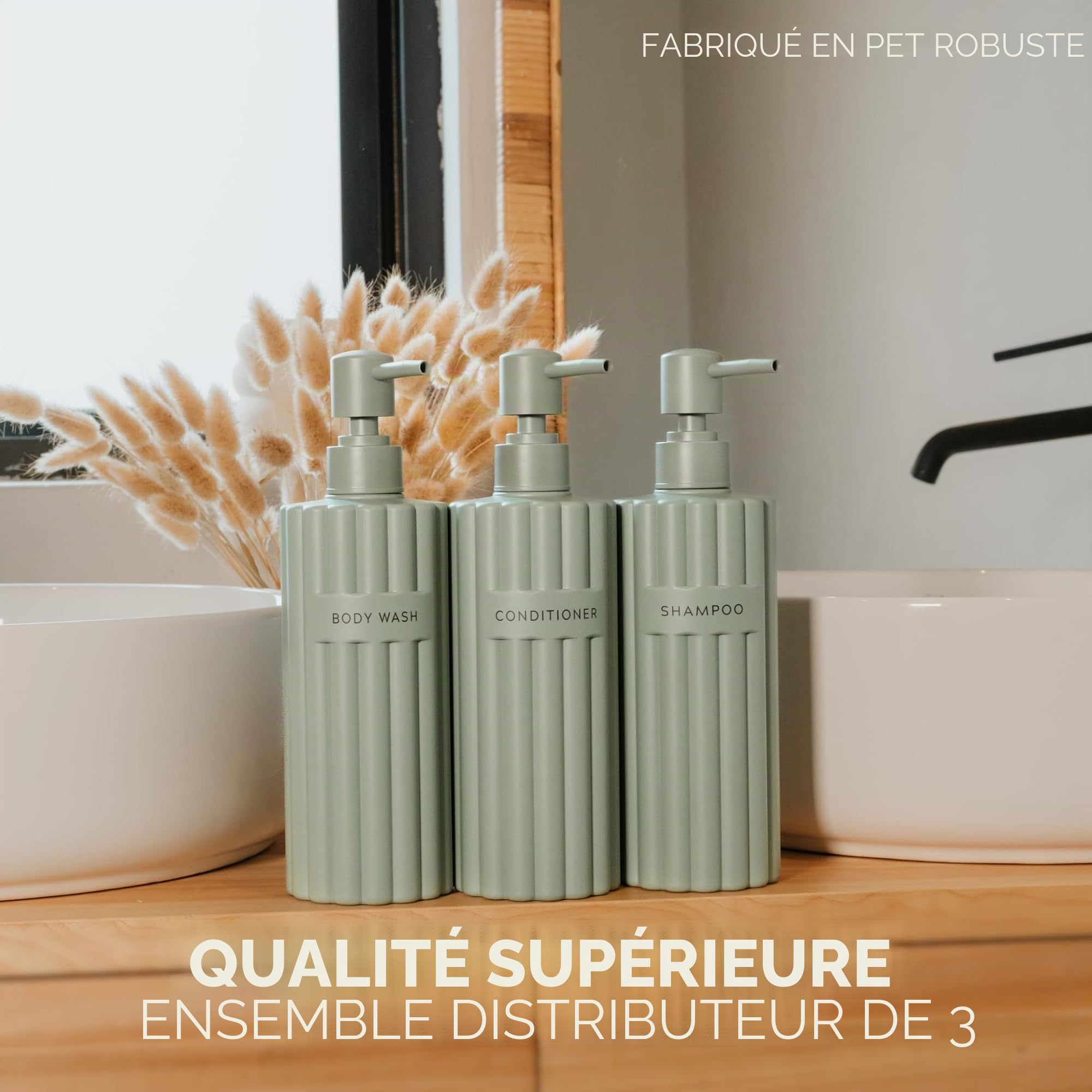Lot de 3 distributeurs élégants de shampooing et d'après-shampoing – Bouteilles de savon de douche modernes de 538,6 g avec pompe et étiquettes – Distributeurs de gel douche faciles à remplir pour une