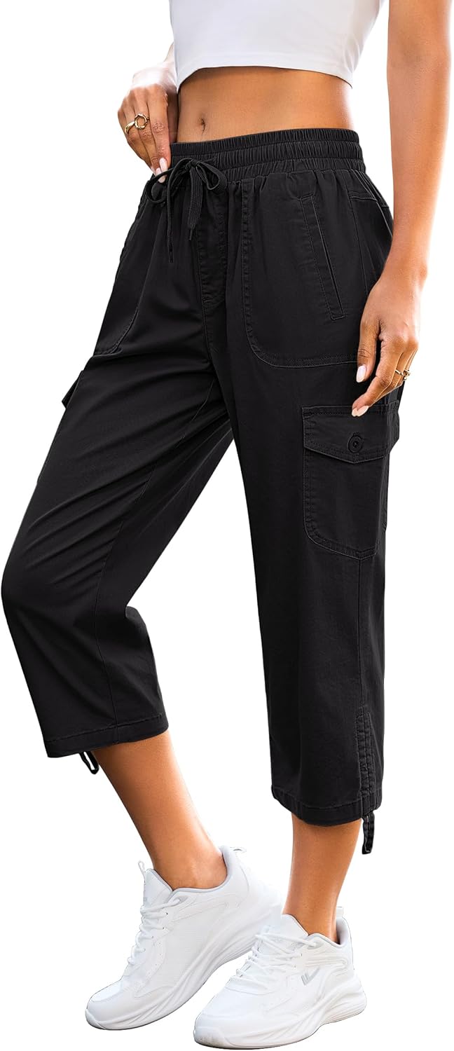 Eddoyee Capri Cargo Pants for Women Drawstring Elastic Waist Capris Lightweight Hiking Pants with 6 Pockets S-XXL