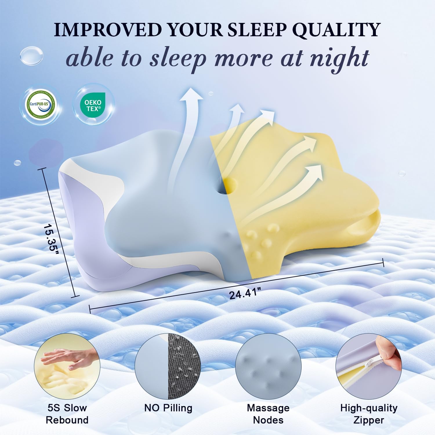 Cervical Pillow for Neck Pain Relief - Cooling Ergonomic Memory Foam Pillows for Sleeping, Contour Neck Support Pillow for Side, Back, Stomach Sleepers with Anti-pilling Pillowcase Queen Size-Ice Blue
