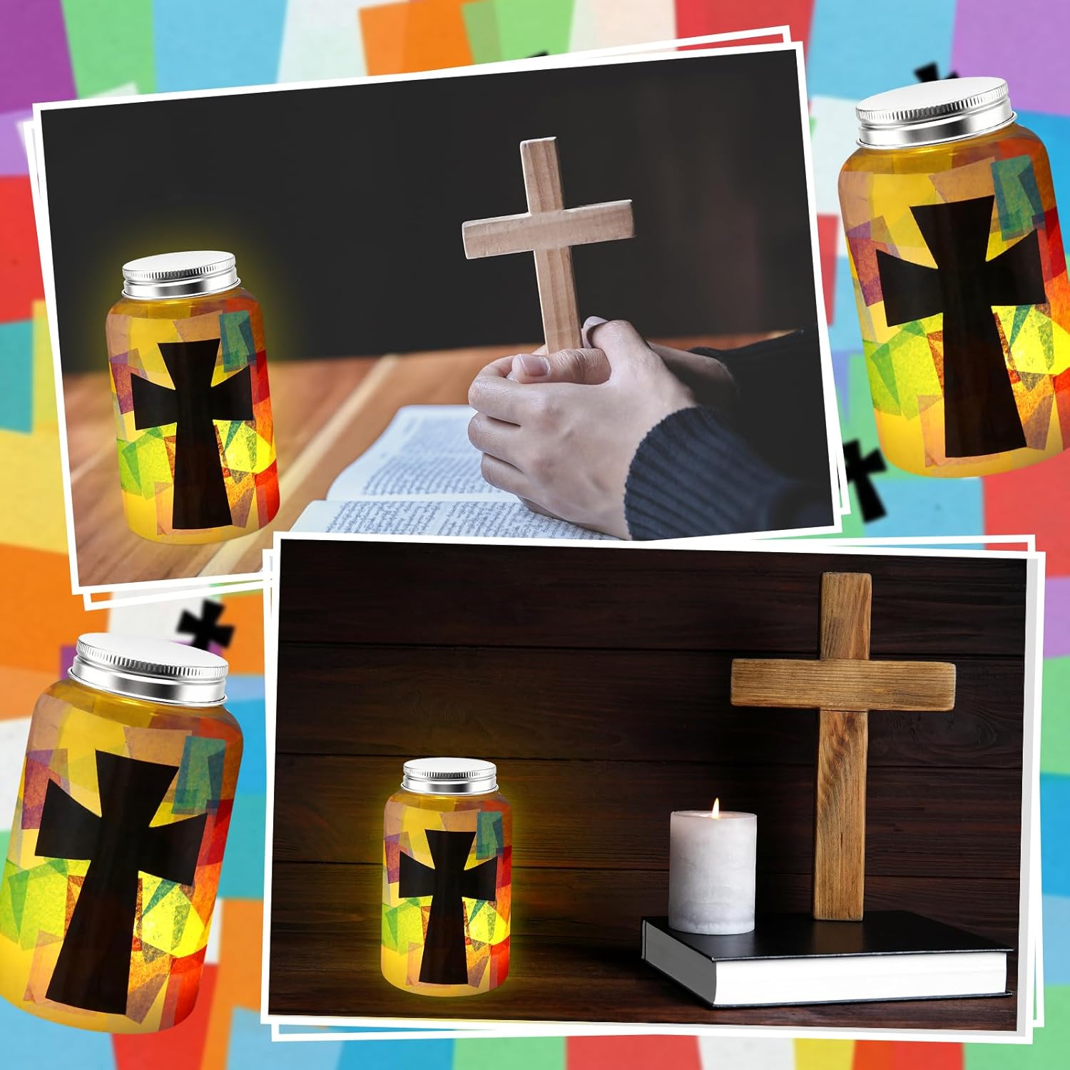 Qinyoung 12 Pcs Religion Cross Crafts Mason Jars Tissue Paper Crafts with LED Candle Light DIY Suncatchers Decoration Make Your Own VBS Mason Jars Supplies for Sunday School Projects Activity