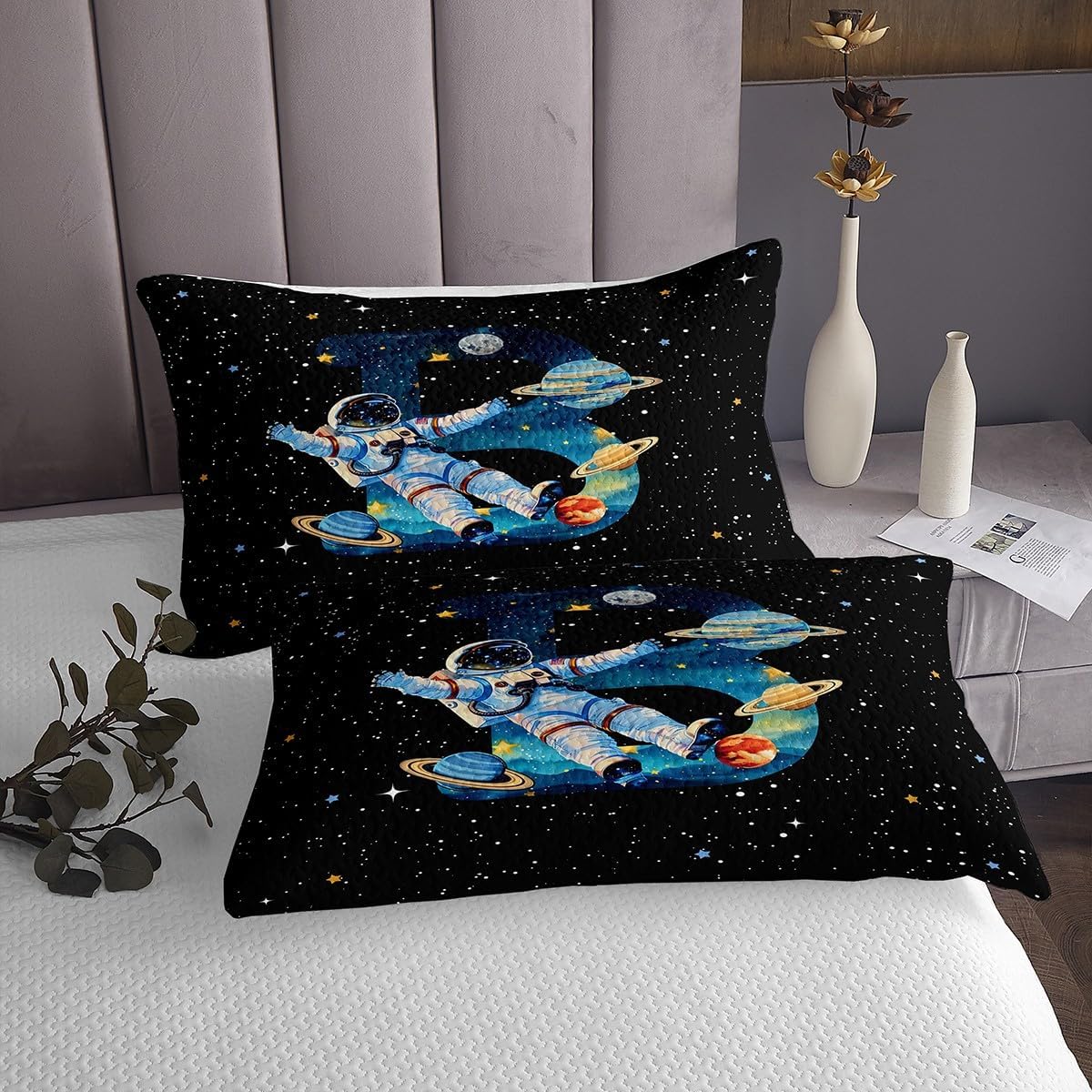 Space Theme Bedspread Twin Size,Star Astronaut Bedding Sets 2Pcs for Kids Girls Boys Room Decor,Galaxy Planet Comforter Set Cartoon B Letter Quilt Coverlet,1 Pillowcase