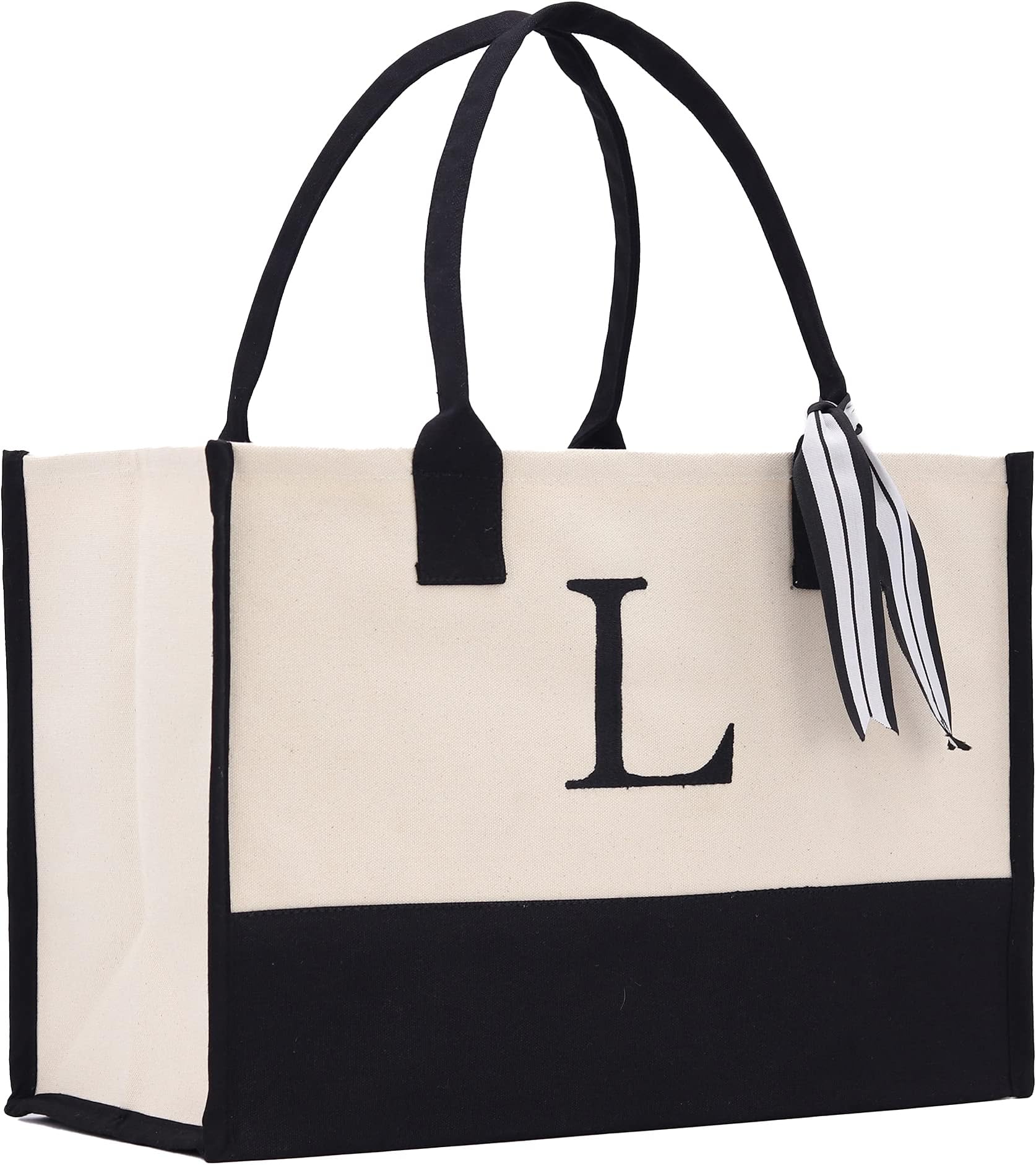 Personalized Gift Monogram Initial 100% Cotton Chic Tote Bag with Customize Option - Black