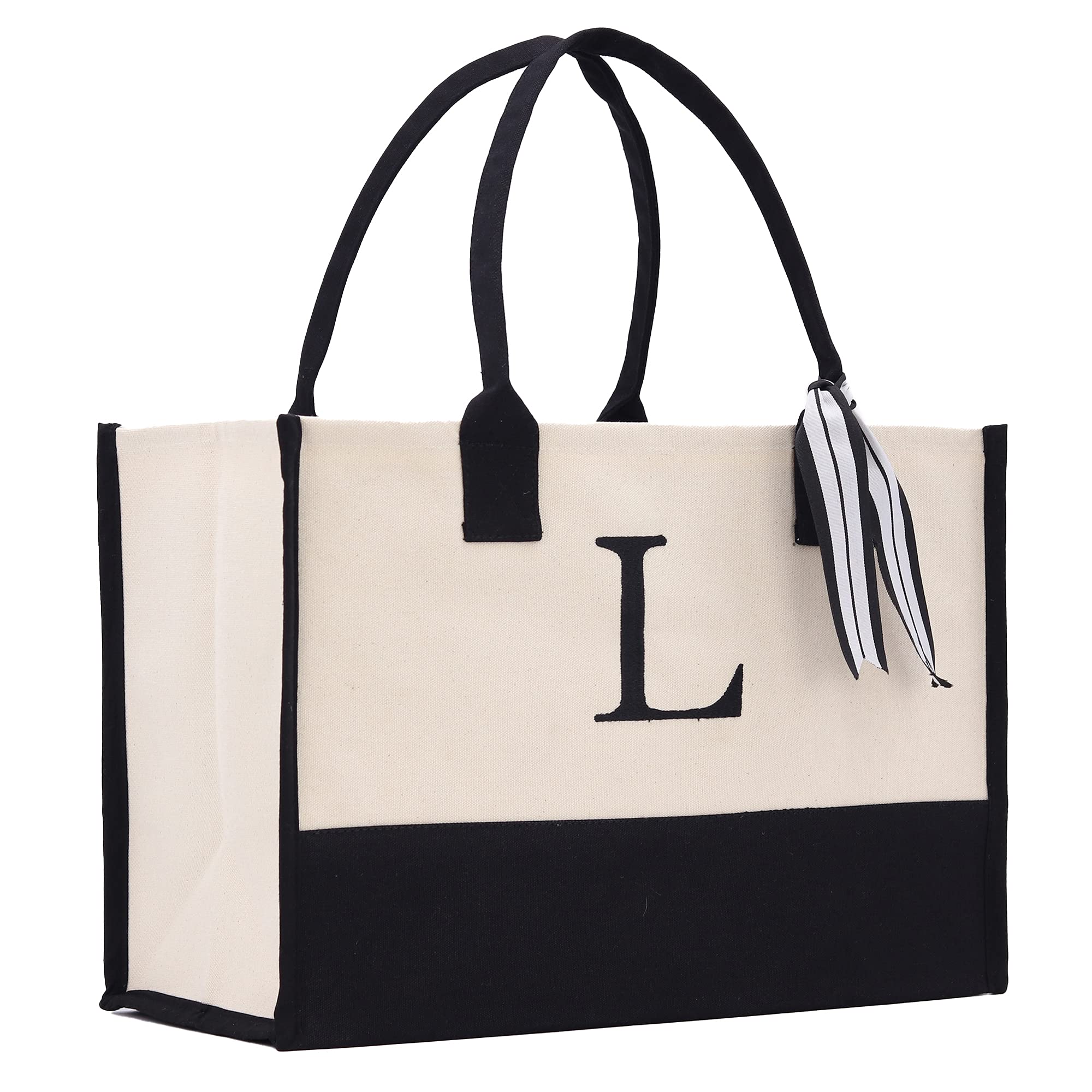 Personalized Gift Monogram Initial 100% Cotton Chic Tote Bag with Customize Option - Black