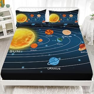 AILONEN Solar System Twin Size Fitted Sheet 3 Pieces Set, Outer Space Sheet for Kids Boys - Galaxy Starry Breathable Soft Bed Sheet, 1 Fitted Sheet and 2 Pillowcases