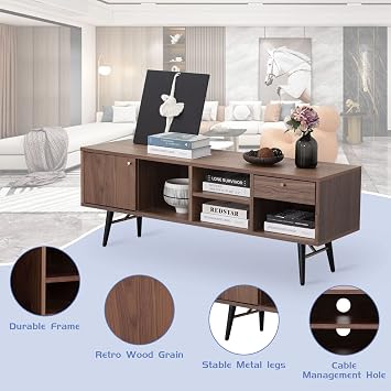Wood TV Stand with Drawers for 55+ 60 inch TV,Mid Century Modern TV Console Table, Entertainment Center with Storage Drawers Metal Leg for Living Room/Bedroom