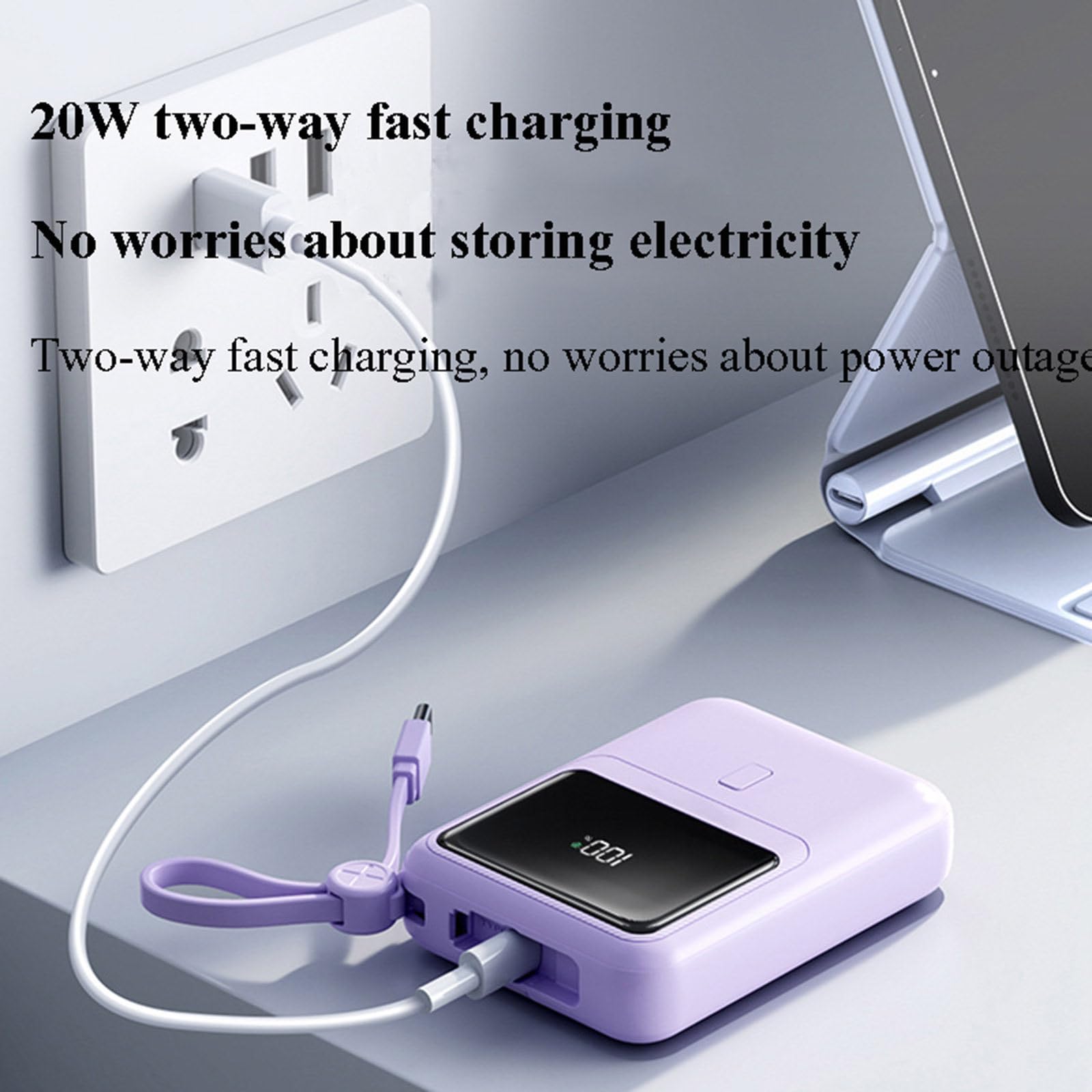 2 szt. 10000 mAh Mini samodzielny przewodowy powerbank PD20W kompaktowy przenośny szybki zasilacz mobilny o dużej pojemności,Purple