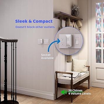 Wireless Doorbell Kit, 1 Self-Powered Rectangular Push Button & 1 Plug-in Doorbell Chime Receiver, No Battery Required, No Wi-Fi, 38 Chimes, 4 Volume Levels for Home Apartment Classroom