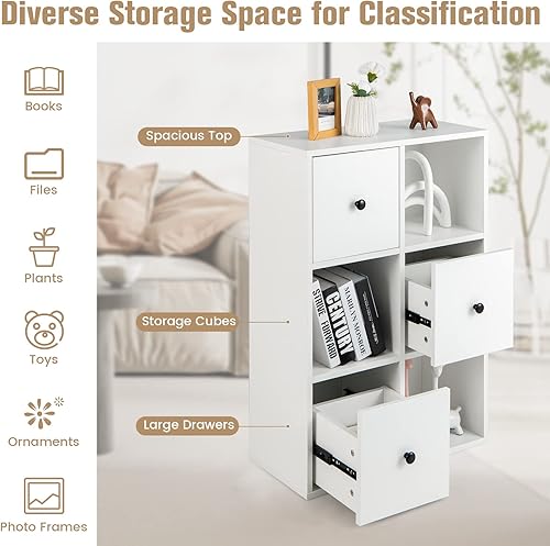 Miniatura 6 de LOKO Estantería de 6 cubos con cajones, estantería de madera moderna de 3 niveles con dispositivo anticaída, organizador de almacenamiento multiusos