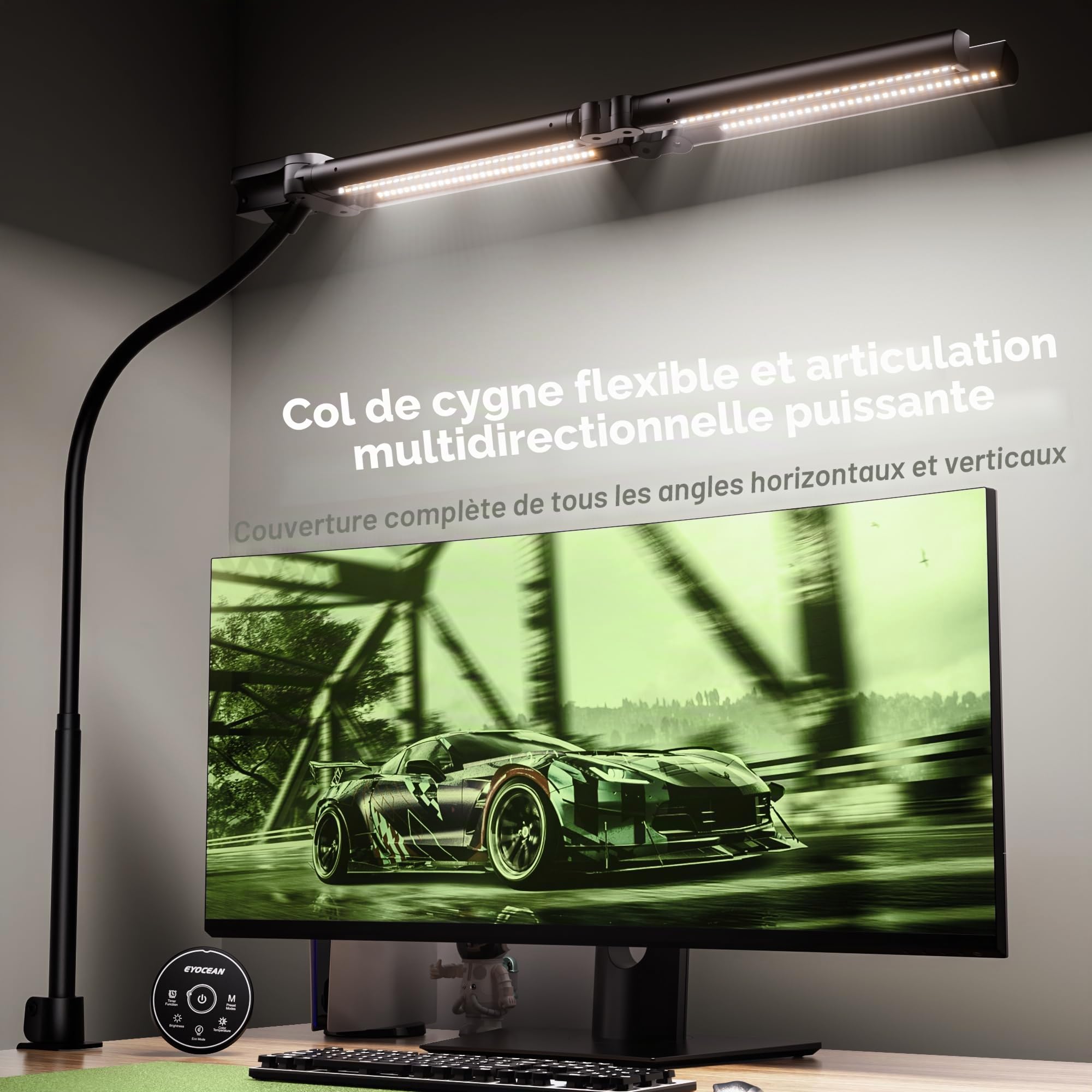 EYOCEAN Lampe De Bureau À 4 Sources Lumineuses, 24 W, 100 Cm, Lumière Du Jour, Avec Télécommande, Pour Écran À Intensité Variable, Col De Cygne, Noir Profond