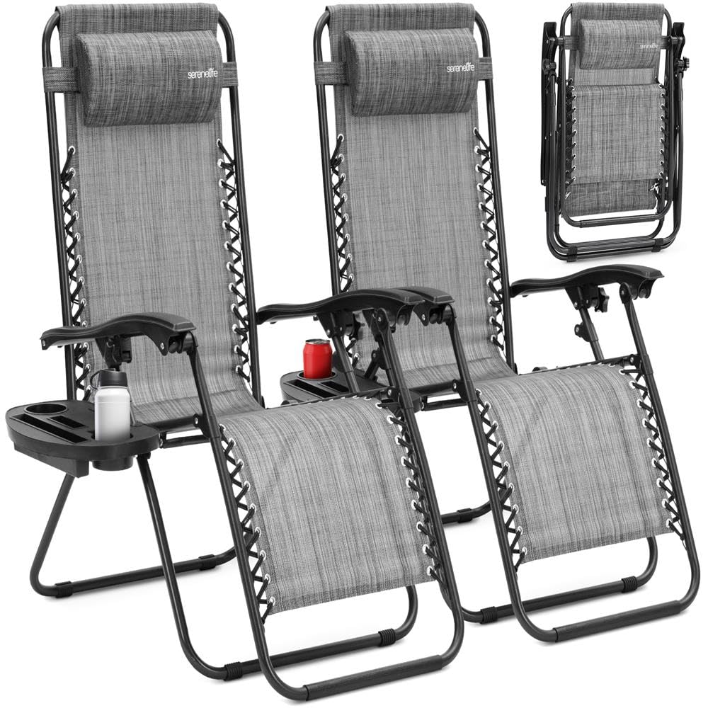 SereneLife Zero Gravity Lounge Chair, Adjustable Steel Mesh Recliners, with Removable Pillows and Cup Holder Trays, Side Tables, Set of 2, Gray — image 1