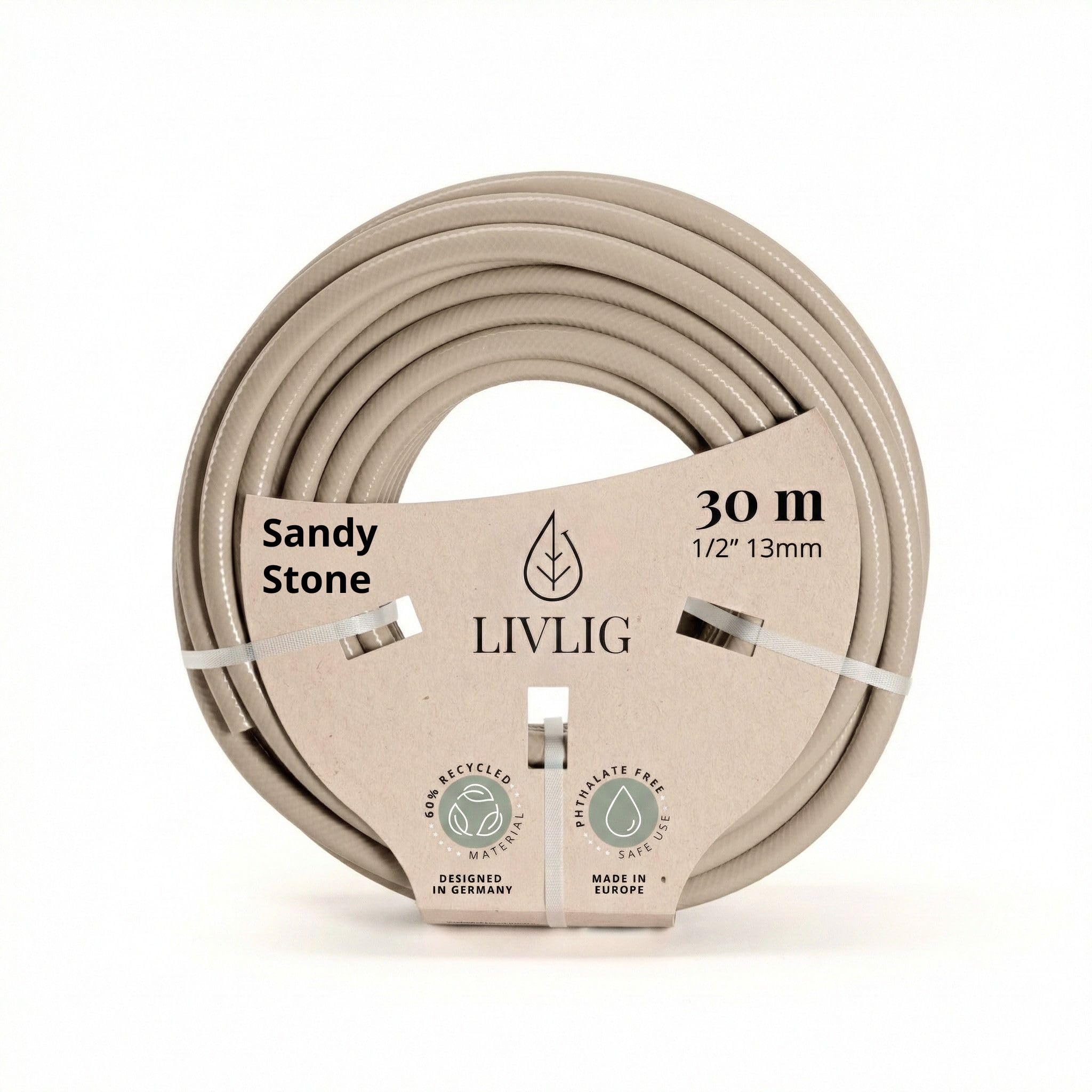 LIVLIG Tubo da Giardino 30m Design – Tubo Irrigazione Flessibile, 60% Riciclato, Resistente UV, Anti-Torsione, 1/2 Pollice, Beige