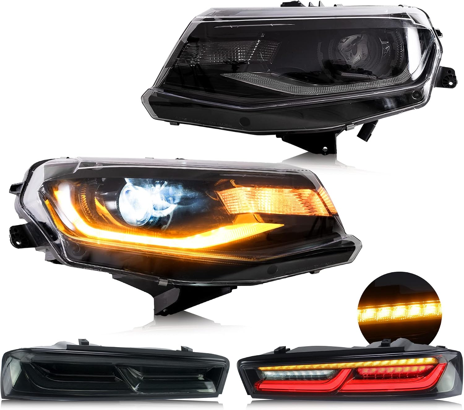 VLAND LED Headlights & Smoked Taillights Compatible For [2016 2017 2018 Chevrolet Chevy Camaro] W/Welcome/Breathe Function Dynamic DRL & Sequential Turn, Dual Beam Lens, Driver & Passenger Side