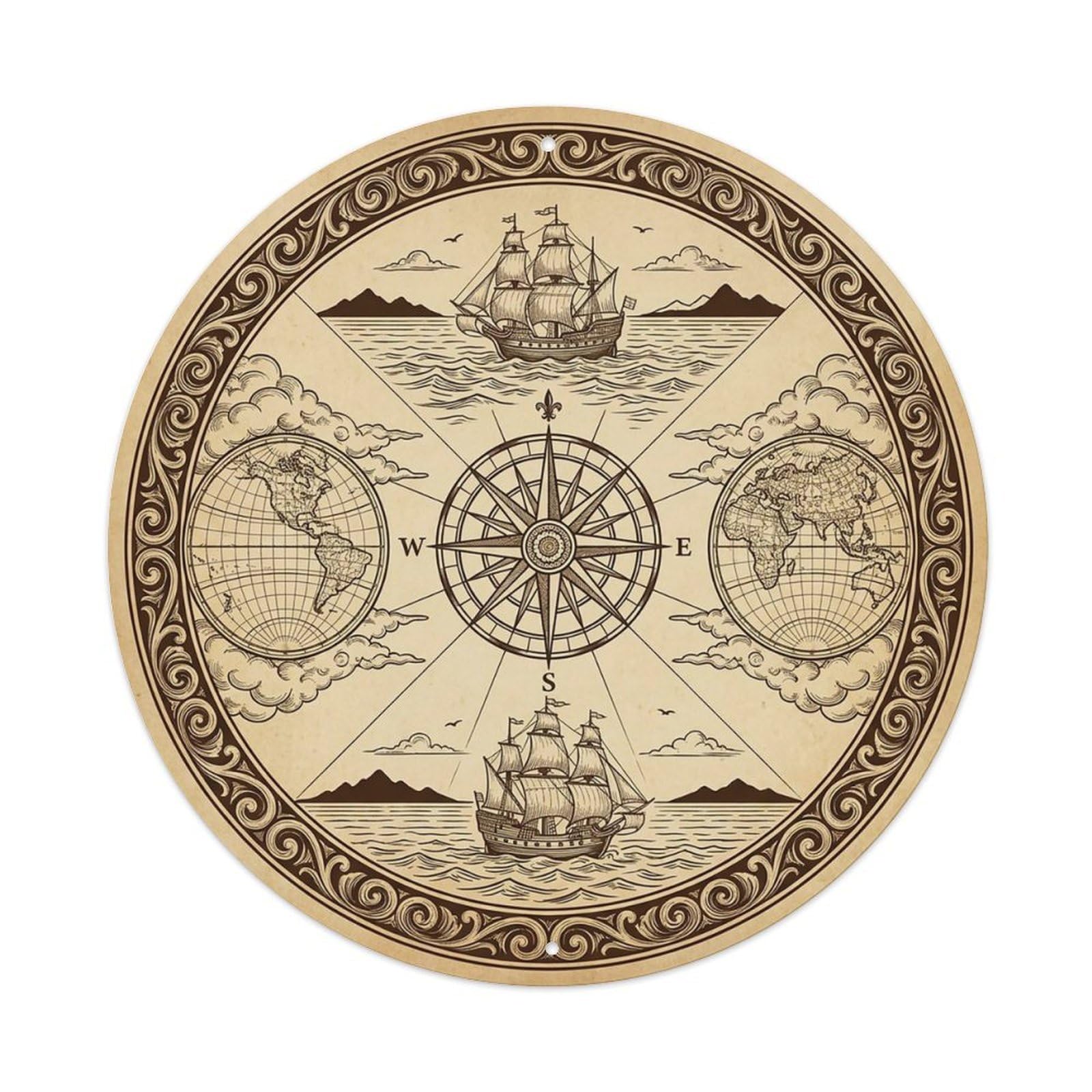 Vintage Nautical Compass World Map Seafarer Guide Metal Tin Sign