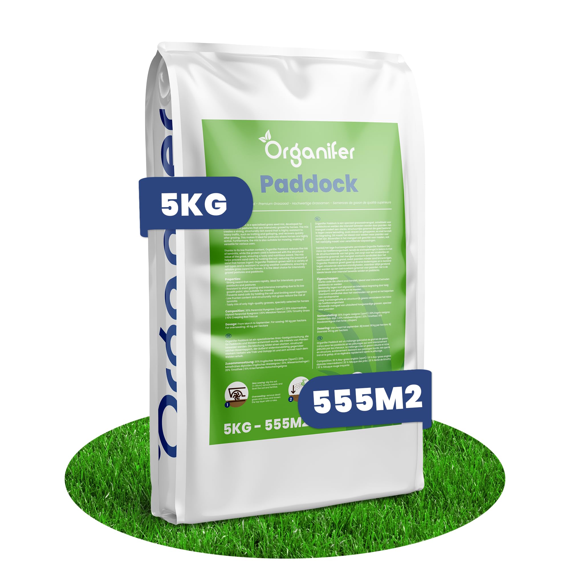 Semi Di Erba Per Paddock - 5kg = 250m2 | Miscela Per Pascoli E Paddock - Erba Densa E Vigorosa - Povera Di Fruttani - Ricca Di Nutrienti - Organifer