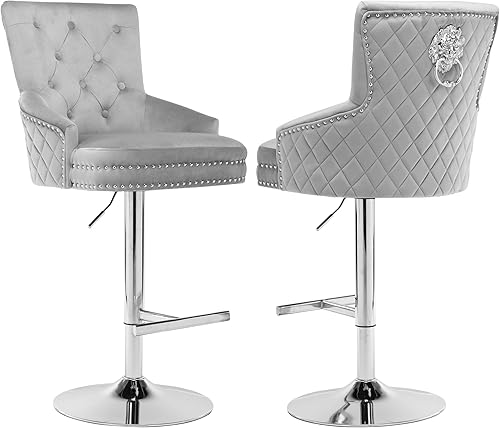 Juego de 2 taburetes de bar giratorios de terciopelo, taburetes de bar giratorios ajustables de 360 con anillo de tracción de león, taburete de bar