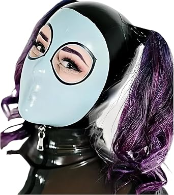 Latex Hood Mask, Micropores Mouth with Double Pigtail Gummi Rubber Mask for Catsuit Party Wear Club Cosplay