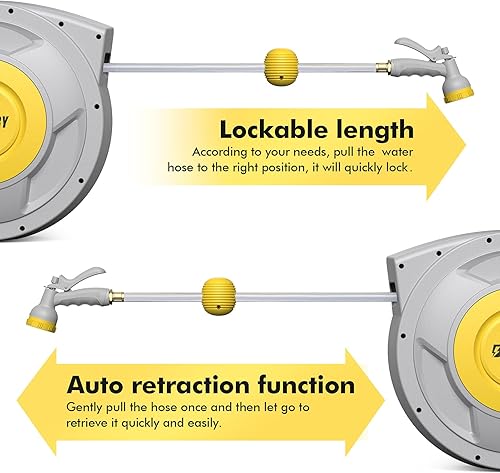 Miniatura 3 de BLUBERY Carrete de manguera de jardín retráctil de 130+6.7 pies y 12 pulgadas, carrete de manguera retráctil de bloqueo de cualquier longitud con