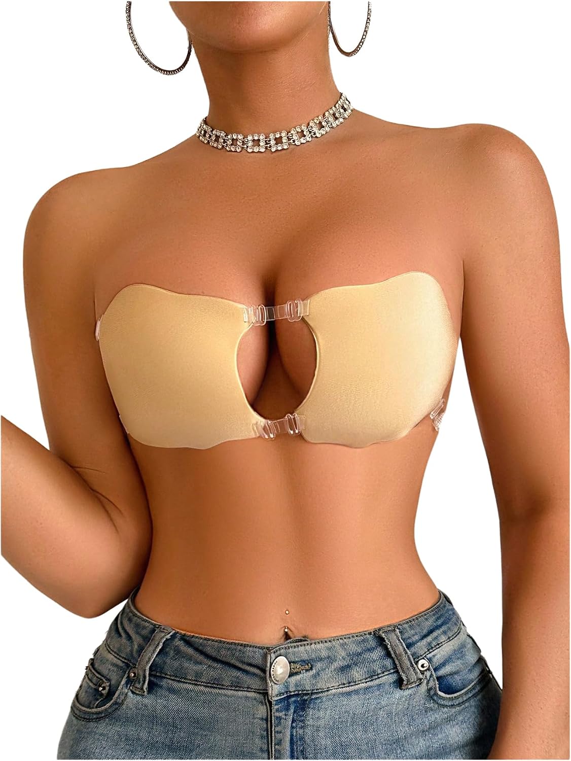GORGLITTER Women's Strapless Backless Sticky Bra Push Up Cut Out Reusable Lifting Bras with Clear Strap