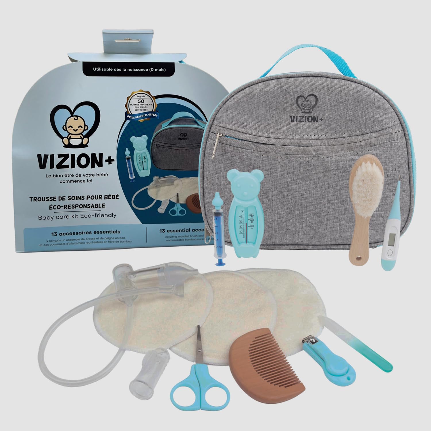 VIZION+ Trousse de Soin bébé – Kit Naissance Complet – 13 Accessoires dont Brosse et Peigne en Bois – Coussinets d’Allaitement en Bambou – Guide Parents Inclus