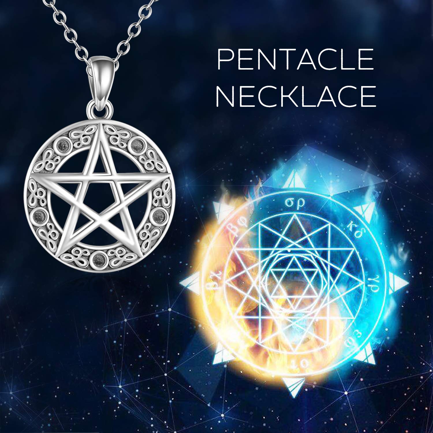 YAFEINI Collar de plata de ley con colgante de pentagrama y pentáculo, joyería wicca para mujeres y hombres, 0.83*1.18 inch, Metal
