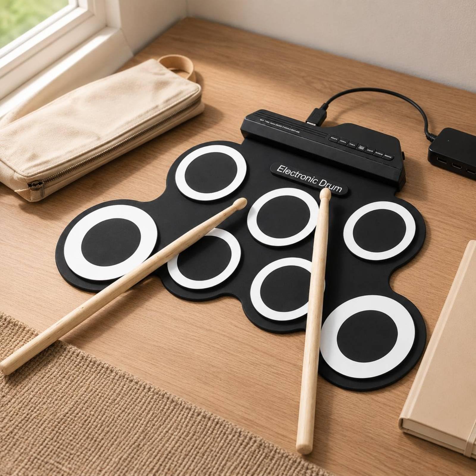 Batteria USB in Silicone Uscita Cuffie Batteria Elettronica Portatile Effetti Acustici Multipli Strumento Musicale per Studenti di Musica, Bianco