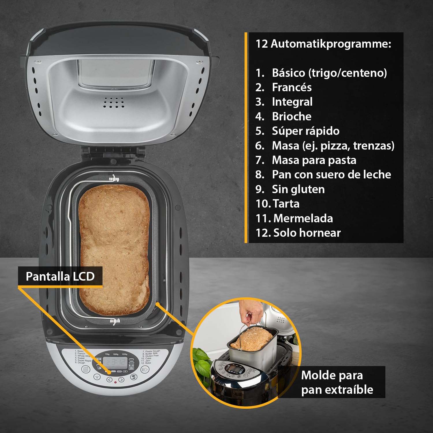 TZS First Austria - Máquina para hacer pan con 12 programas automáticos 850W - Panificadora eléctrica de 700-1250g - Con ventanilla, temporizador, accesorios y función mantenimiento caliente - Negro