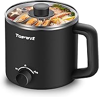 Topwit 1.6L Electric Hot Pot Cooker - Dual 200W/600W Ramen Noodle Pot for Shabu Shabu, Pasta, Oatmeal, Soup - Stainless Steel, Overheat & Dry Boil Protection, Black