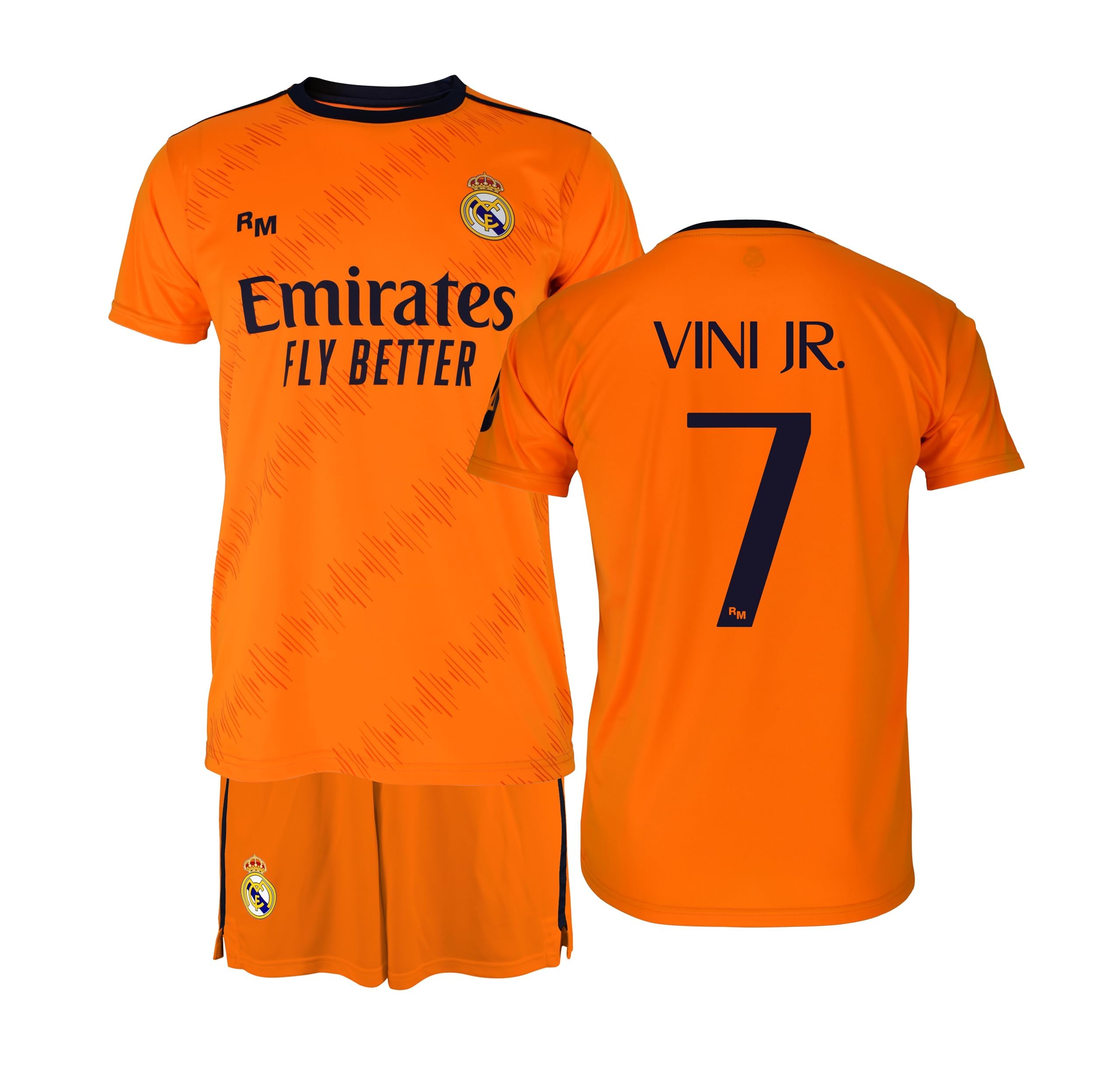 Real Madrid - Conjunto Camiseta y Pantalón Segunda Equipación Temporada 24/25, Vini Jr., Niños 12 Años, Replica con Licencia Oficial