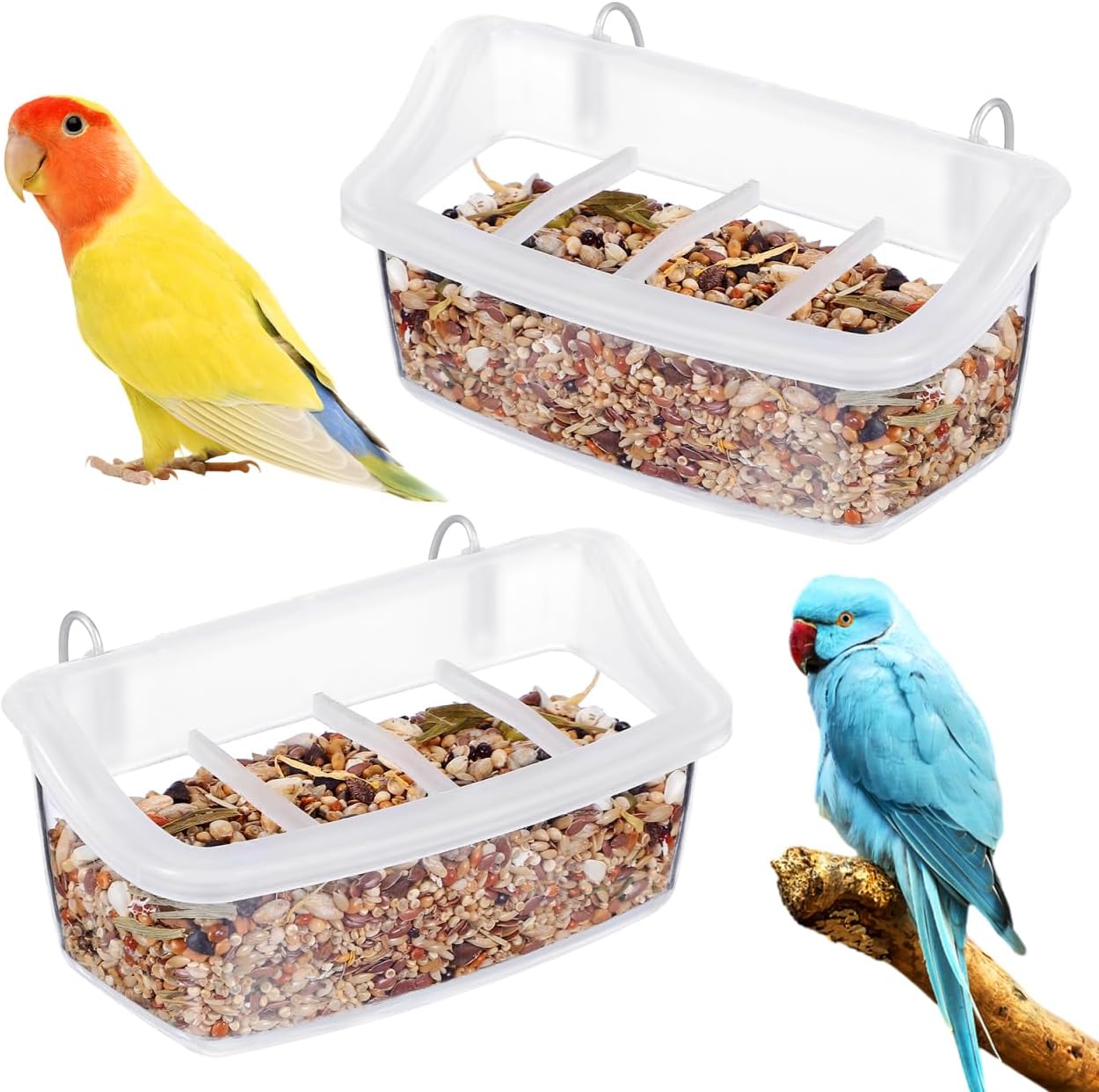 NOLITOY Hanging Bird Feeder for Cage, 2 Pack 4 Compartment Food and Water Bowl Bird Cage Cup, Plastic Feeder Cups for Parakeet Parrot Budgie Canary Pigeon